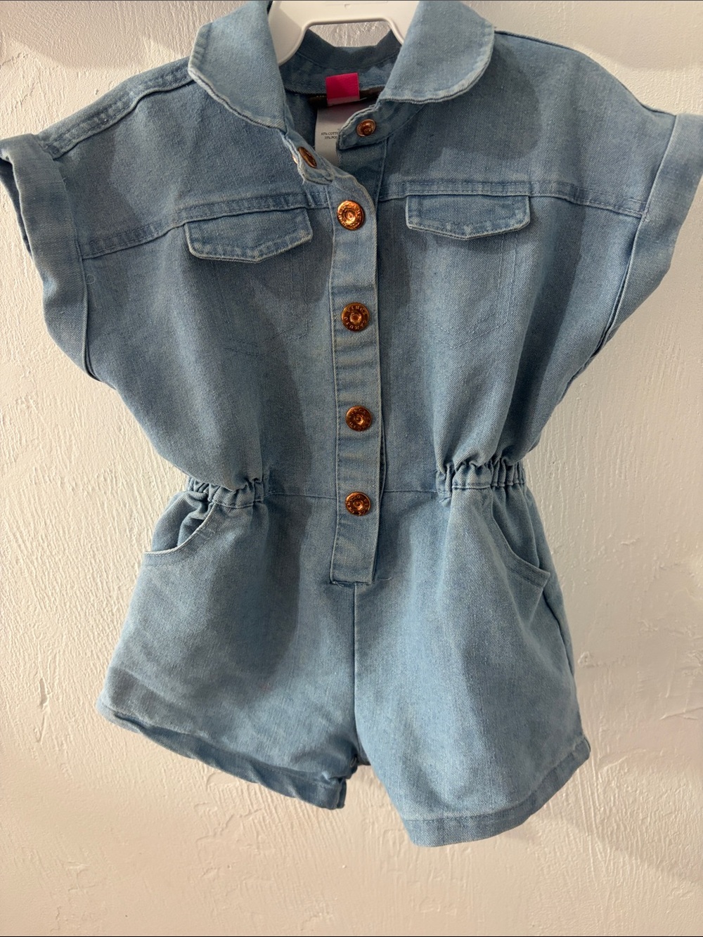 Vince Camuto Light Denim Short Sleeve Romper with Brown Buttons